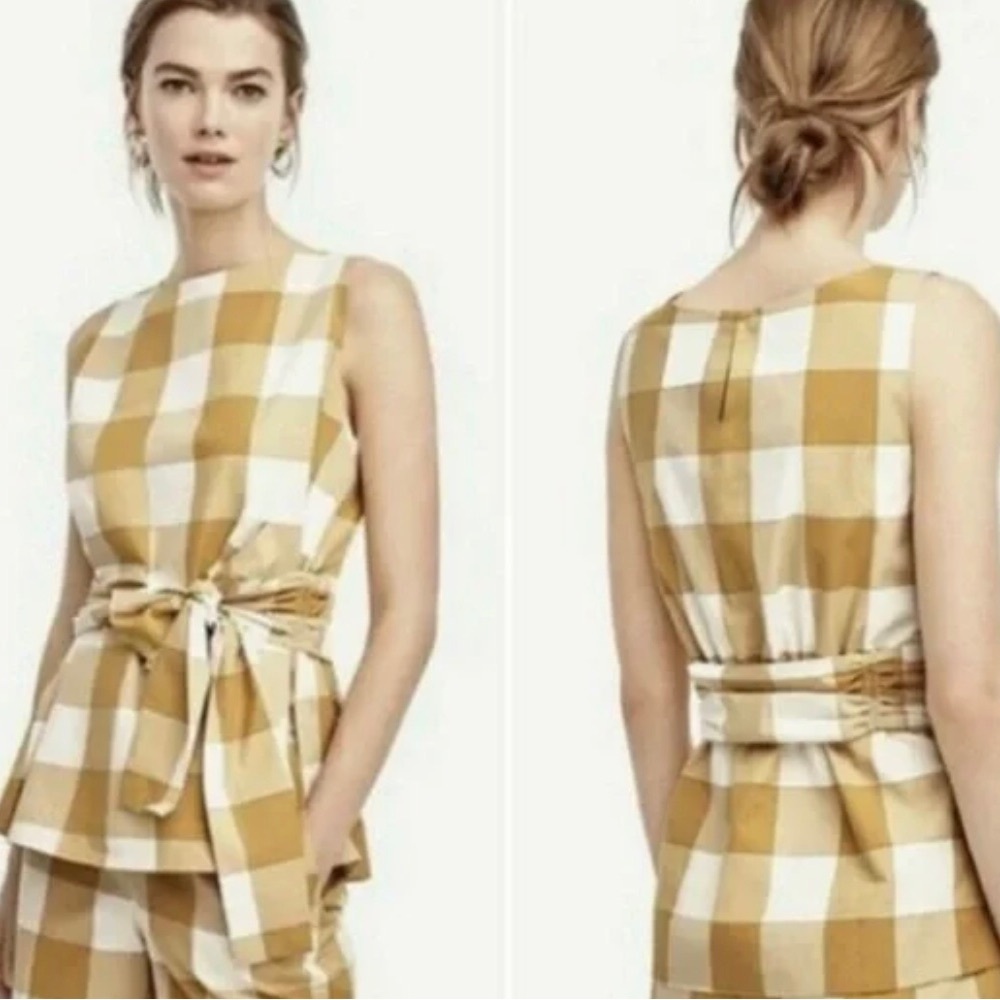 AnnTaylor, Med gold/creme buffalo checked top